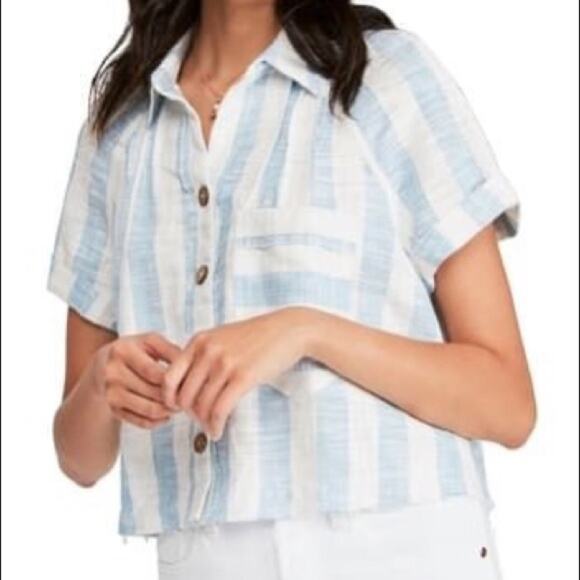 Free People Away at Sea Striped Buttoned Crop Top White Blue XS NWT - Picture 4 of 10